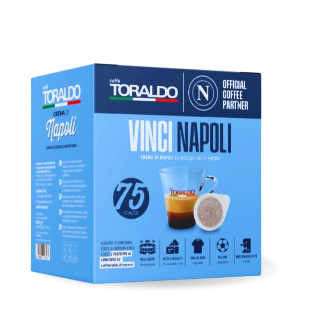 Box mit 75 Toraldo Vinci Napoli ESE Kaffeepads für authentischen italienischen Espresso.


